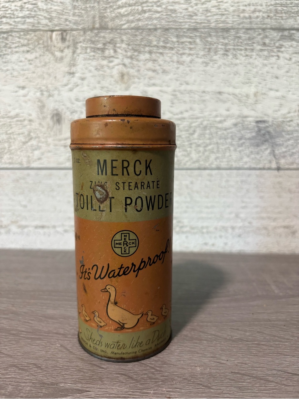 MERCK Vintage Toilet Powder Can - Orange and Olive